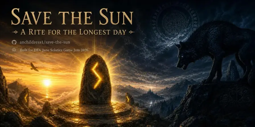 A rune stone blazing with golden light at sunrise while Sköll, the great wolf, watches from a dark ridge.
